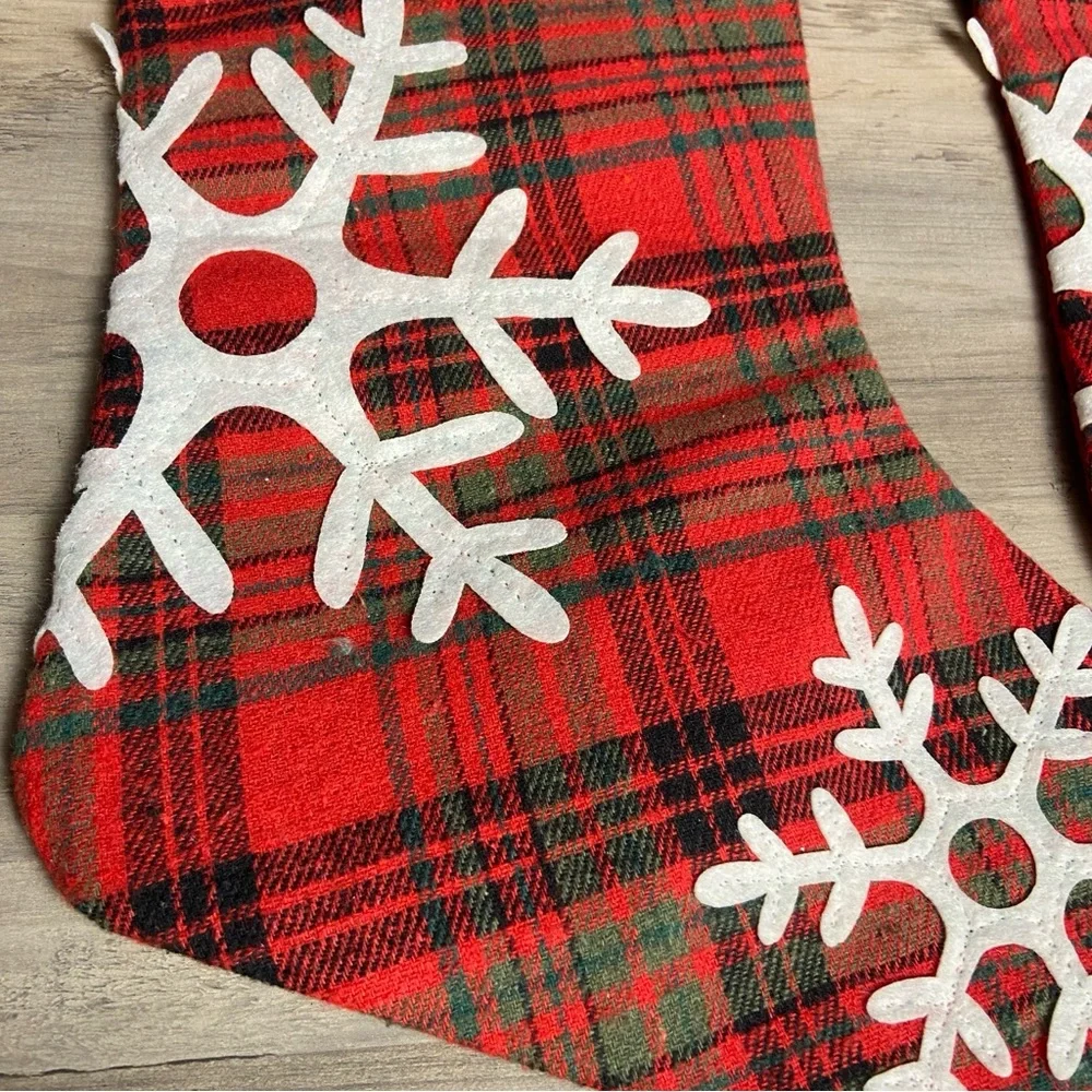 Christmas Stockings Set of 2 Red Gray Fuzzy Top Snowflake Pattern Hanging Plaid‎